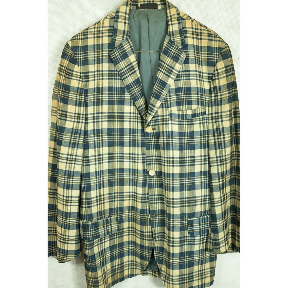 Vintage Eljos Richmond Hand Loomed Madras Plaid Sport Coat Blazer Blue Yellow 36